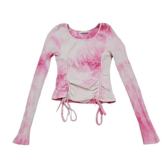 O. Vianca Ribbed Ruched Drawstring Longsleeve Crop Top in Pink Tie Dye Size S - Picture 1 of 7